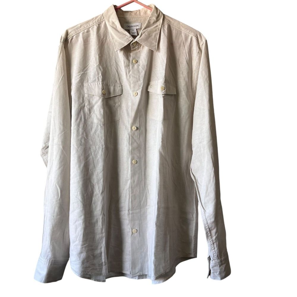 Calvin Klein‎ Long Sleeve Cotton Linen Button Down Shirt Mens Large Beige Preppy